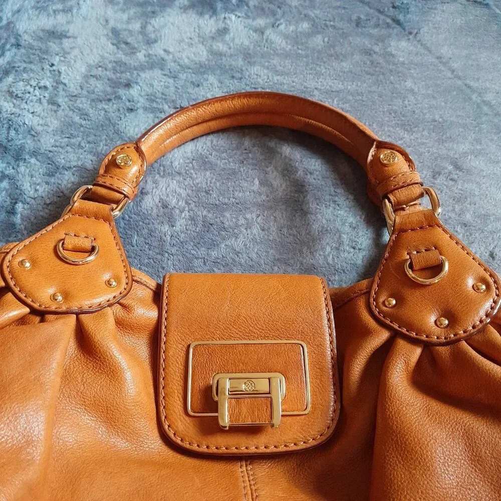 Antonio Melani Tan Leather Satchel Handbag with Gold Hardware Width 12in.